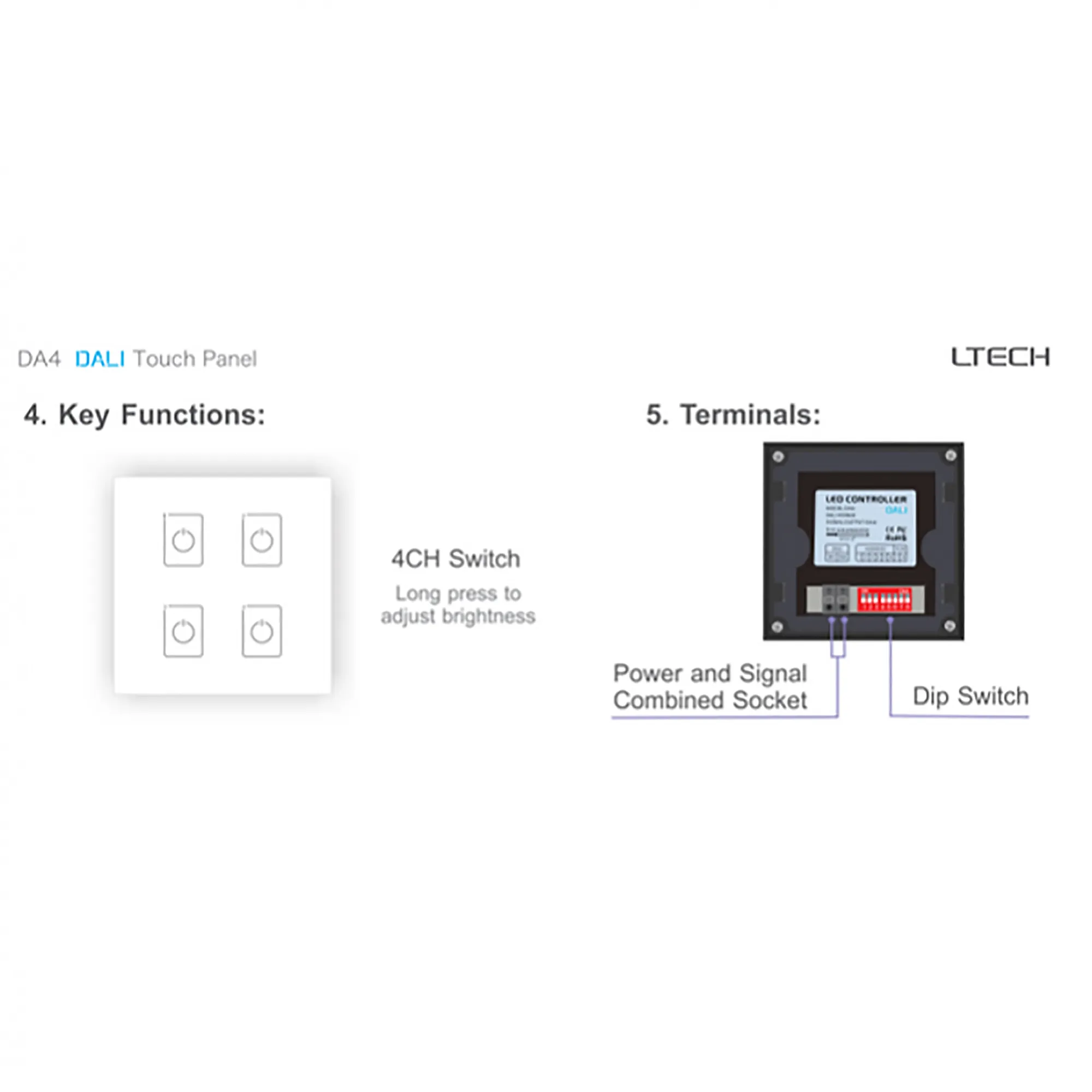 DALI Touch Panel, 4 Chanel control, Scene, Group, Unicast, Broadcast mode. Output signal: DALI, IP20. EDA4  LTECH Touch Panel